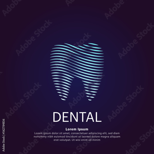 Human tooth medical structure. simple line art dental logo design vector illustration on dark background. Dentistry clinic logo vector design - EPS 10