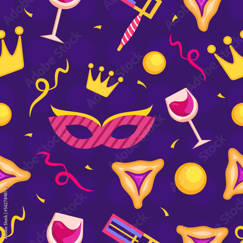 Seamless pattern with Purim holiday elements, masks, wine glasses, hamantaschen, crowns and confetti.