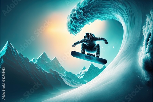  a man riding a snowboard on top of a wave in the ocean at night time with a full moon behind him and a wave behind him, with a person on a snowboard. generative ai generative ai