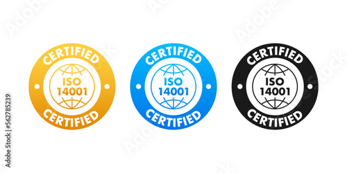 ISO 14001 Certified badge, icon. Certification stamp. Flat design vector illustration.