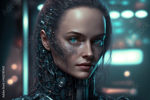 A beautiful woman's face on a robotic body, generative ai.