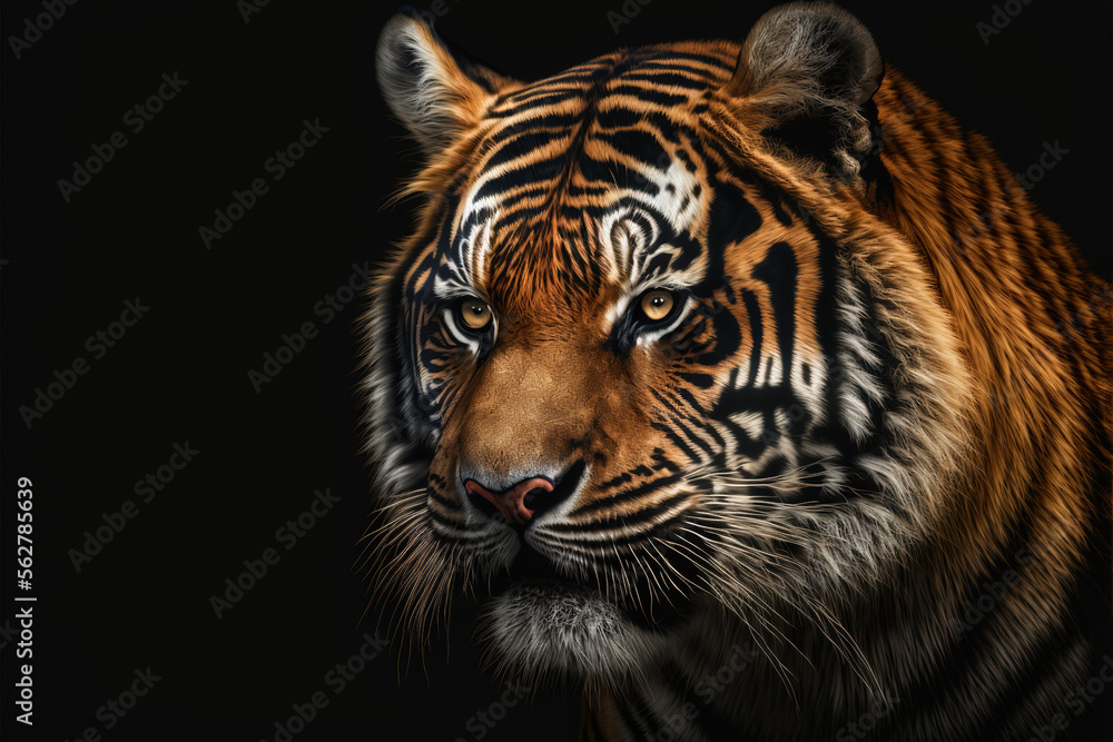 Fototapeta premium Tiger close-up on dark background, Generative, AI