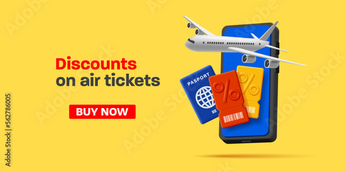 Airplane tickets discounts banner with 3d render illustration of a smartphone with passport and tickets