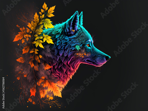 abstract/ realistic 3d Illustration of a Wolf with colorful Leafs photo