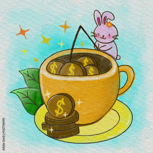 the rabbit fishing money in a cup