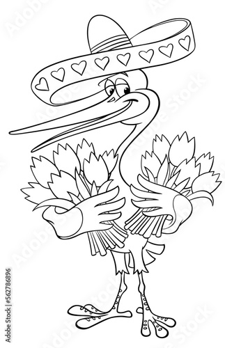 Vector outline image of a cartoon character, isolated on white. Cartoon stork in a Mexican sombrero with bouquets of flowers.