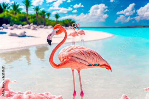 beautiful flamingo standing in the water on the edge of paradisiaca beach photo
