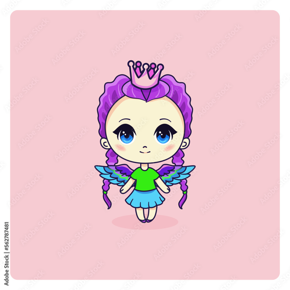 Cute and kawaii princess girl. Manga chibi fairy with crown.