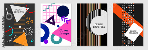 Set of cover design in Memphis style. Geometric design, abstract background. Fashionable bright cover, banner, poster, booklet. Creative colors.