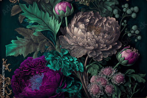 beautiful fantasy vintage wallpaper botanical flower bunch,vintage motif for floral print digital background.generative ai.