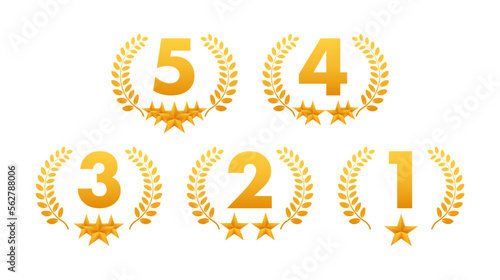 5 star rating. Badge with icons on white background. Vector illustration.