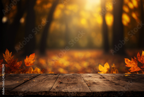 Autumn Table - Orange Leaves And Wooden Plank At Sunset In Defocused Forest background,generative ai. © Nokhoog