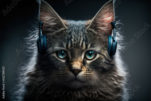 A cat with headphones, listening music, AI