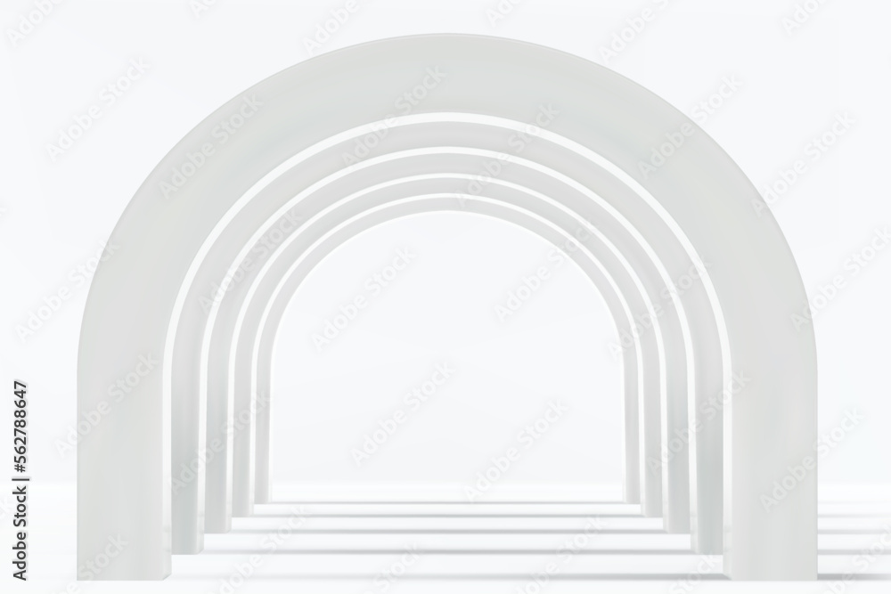 Empty corridor of several white round arches in perspective with white floor and shadows. Minimal background. Abstract architecture. Vector illustration of archway. Inside interior