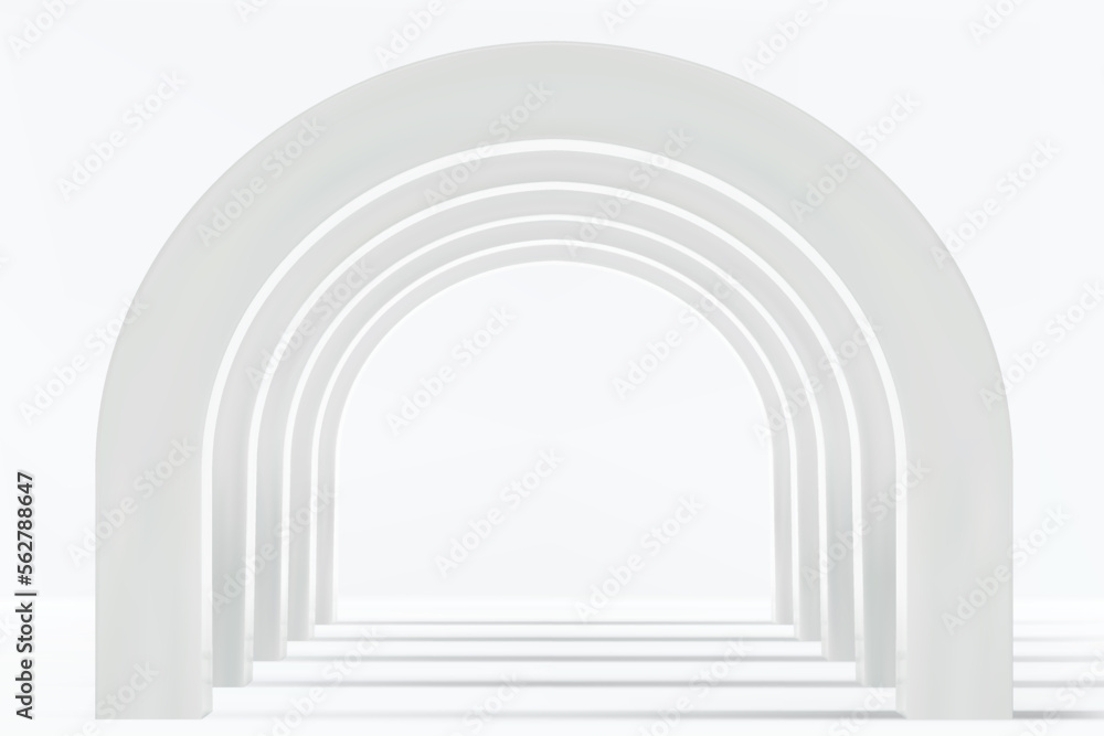 Empty corridor of several white round arches in perspective with white floor and shadows. Minimal background. Abstract architecture. Vector illustration of archway. Inside interior Empty corridor of several white round arches in perspective with white floor and shadows. Minimal background. Abstract architecture. Vector illustration of archway. Inside interior
