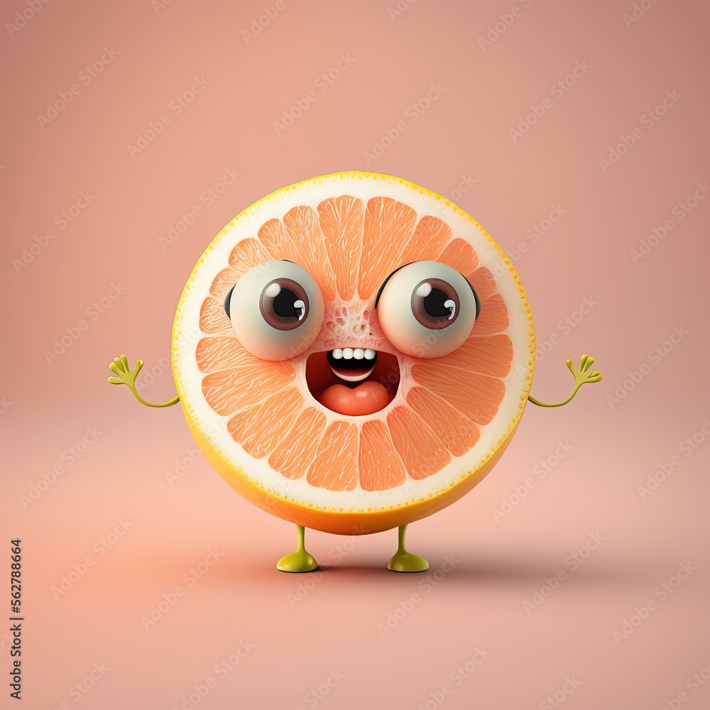 Cute Cartoon Grapefruit Character (Generative AI) Stock Illustration
