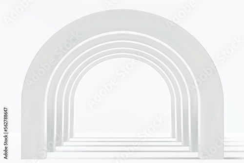 Empty corridor of several white round arches in perspective with white floor and shadows. Minimal background. Abstract architecture. Vector illustration of archway. Inside interior