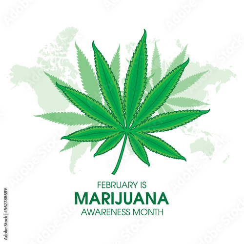 February is Marijuana Awareness Month vector. Hemp leaf and world map illustration. Green fresh marijuana herbal cannabis leaf icon vector