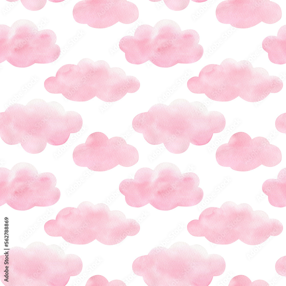 Watercolor cute seamless pattern with pink clouds. Hand drawn illustration on white background