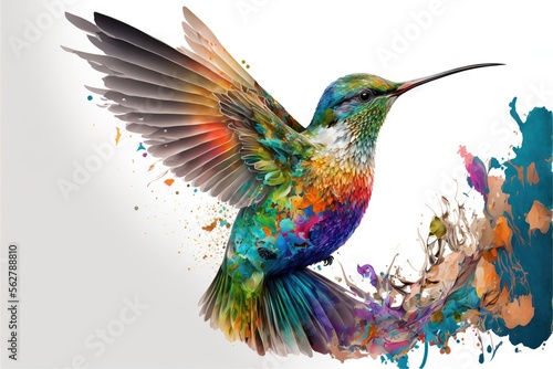 Photo a colorful bird with a long beak flying through the air with paint splatters al