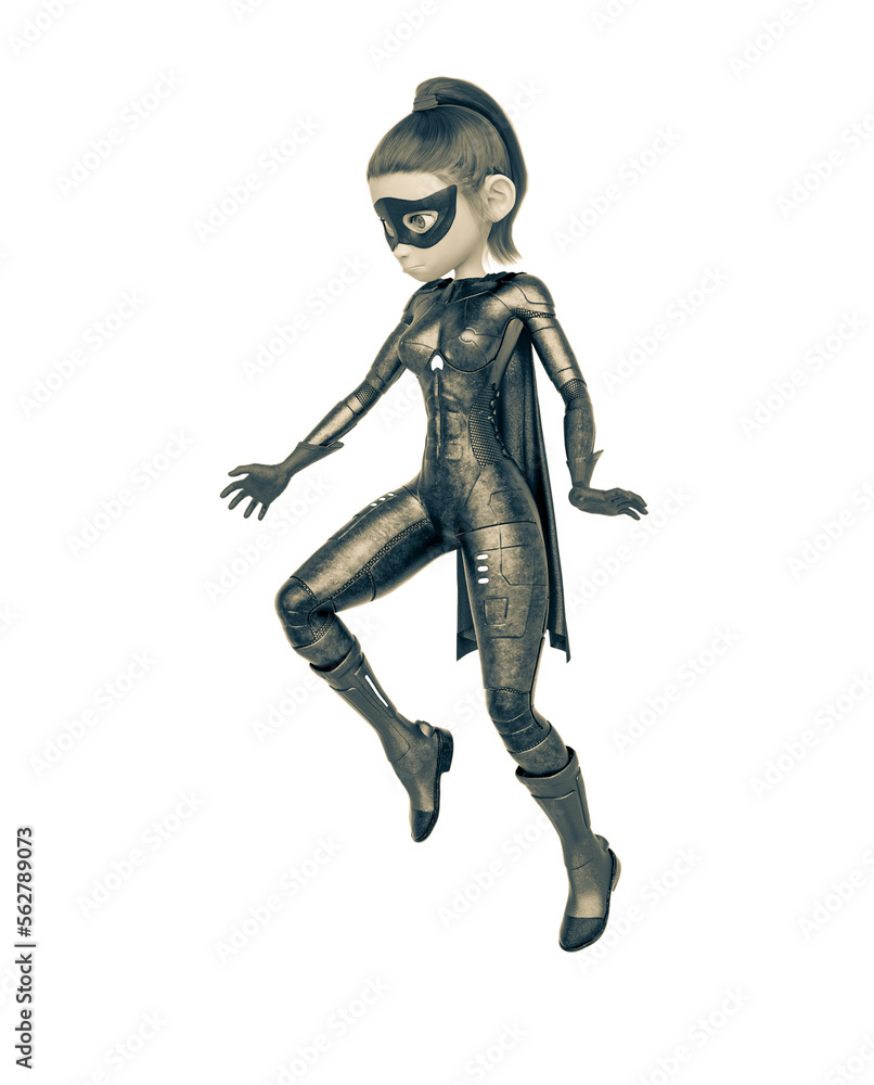 superheroine girl is floating and looking down in white background superheroine girl is floating and looking down in white background