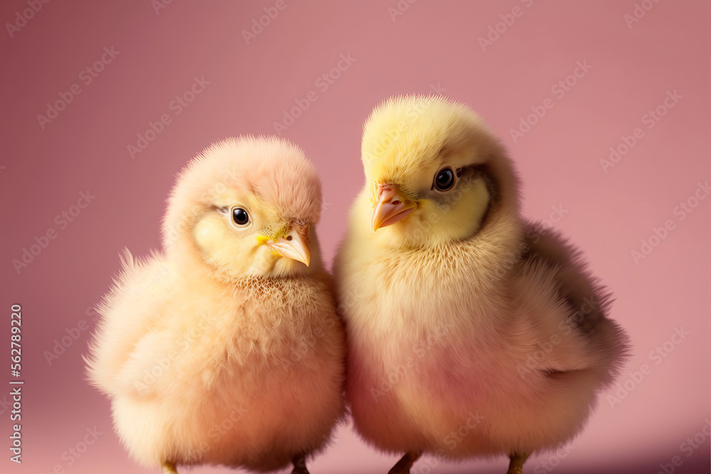 Cute baby chick against a ink background. Spring and easter background. Generative ai Cute baby chick against a ink background. Spring and easter background. Generative ai