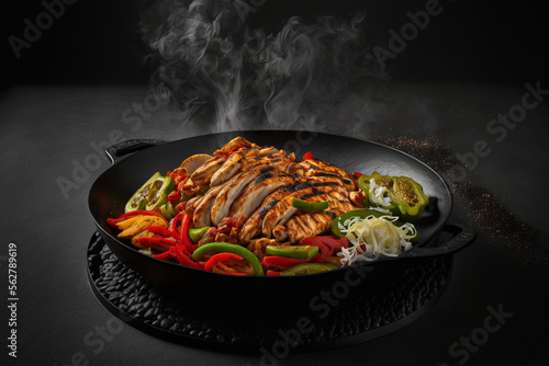 chicken fajitas on a sizzling black plate made by generative ai