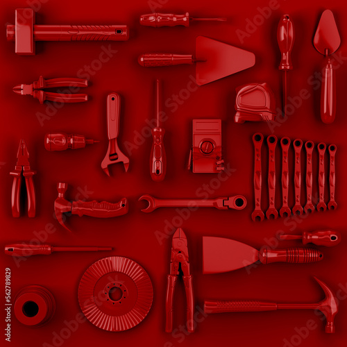 colored red tools set background concept of repair tools warehouse promotion 3d render