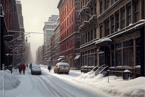 A new york street in the winter, covered in snow