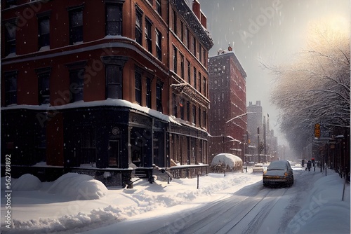 A new york street in the winter, covered in snow © MG Images