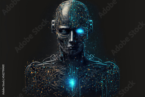 Artificial intelligence in humanoid head with neural network thinks. AI with Digital Brain is learning processing big data, analysis information. Face of cyber mind. (ai generated)