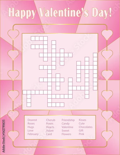 Happy Valentine's Day Crossword Puzzle, Love Theme, Pink and Gold Design