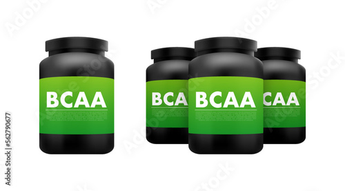 BCAA - Branched chain amino acid bottle. Bcaa supplement. Sports nutrition. Vector stock illustration.