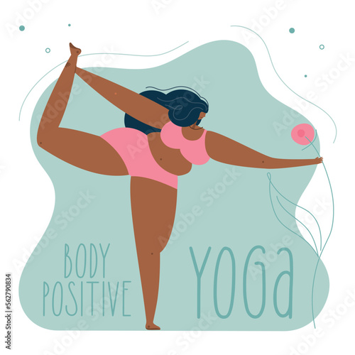 The curvy, fat girl is NORMAL.  The vector illustratin with PLUS size black woman do YOGA and phrase BODY POSITIVE YOGA.  Can be used for poster, web banner and other self care social projact.