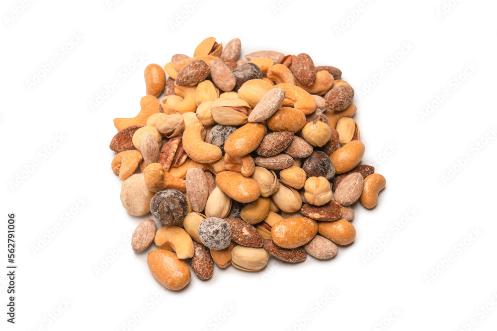 A group of almonds, pistachios, walnuts, macadamia, cashews. A group of almonds, pistachios, walnuts, macadamia, cashews.