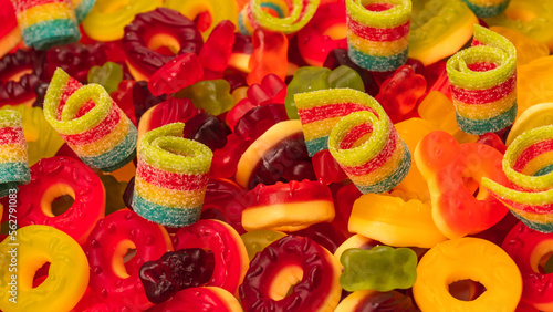 Assorted colorful gummy candies. Top view. Jelly donuts.