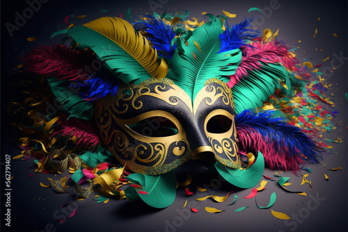 Braziliam carnival mask and festive elements, Generative ai