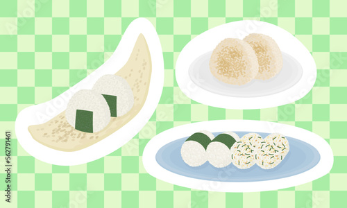 おむすび盛り3種セット（グリーン市松模様背景）SVGイラスト