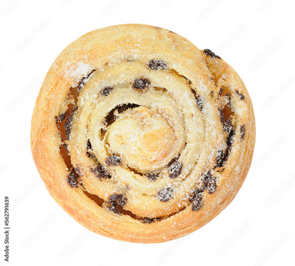 Fototapeta premium Sweet cinnamon roll with raisins top view cut out