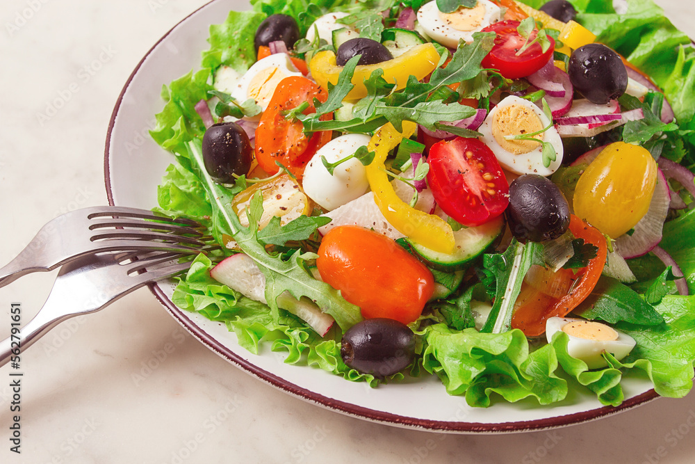 Vegetable salad , with quail eggs and olives, fresh, close-up, no people, Vegetable salad , with quail eggs and olives, fresh, close-up, no people,