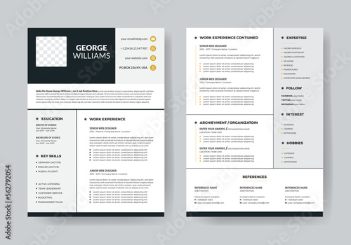 Creative Resume and Cover Letter Layout with Dark Sidebar Design, A4 size