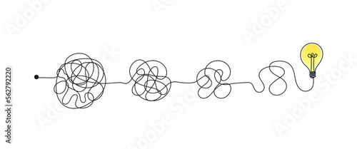 Complex messy connected lines as concept of chaos solving. Process of problem simplifying in mind. Vector illustration of confusion to clarity step by step, business solution idea searching