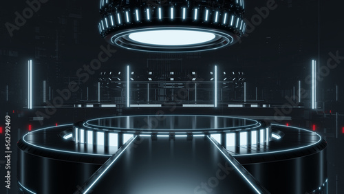 Dark futuristic circular stage, pedestal or portal with white blue lights, for the presentation of products.	