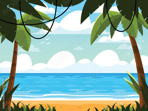 Paradise beach vector. Sea panorama. Tropical palm trees amazing seashore on sea background. Summer vacation. Cartoon vector graphics