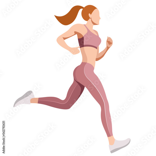 vector illustration of a beautiful slender girl in a sports uniform (leggings and a sports bra) is engaged in fitness, sports, trains isolated on a white background. woman runs. morning run. jogging. © Nadia