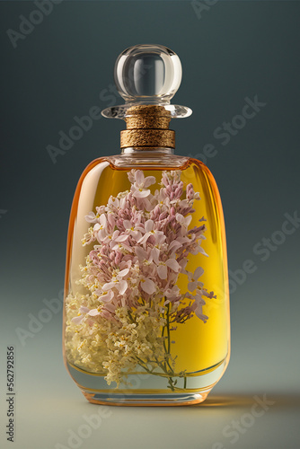 Chic glass bottle with perfume with flowers inside on a dark background No brand, Closeup Space for text