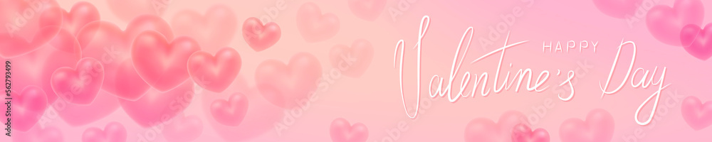 Congratulations on Valentine's Day. Pink background with transparent hearts and an inscription. Flying voluminous hearts.