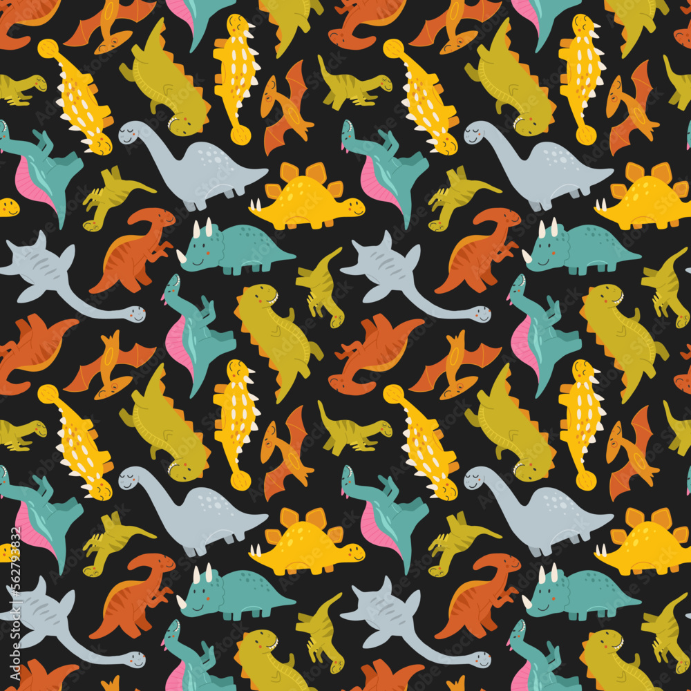 Vector seamless pattern with cute baby dinosaurs. Hand drawn brontosaurus, tyrannosaurus, pterodactyl, triceratops, stegosaurus, spinosaurus, plesiosaurus, ankylosaurus, velociraptor, parasaurolophus Vector seamless pattern with cute baby dinosaurs. Hand drawn brontosaurus, tyrannosaurus, pterodactyl, triceratops, stegosaurus, spinosaurus, plesiosaurus, ankylosaurus, velociraptor, parasaurolophus