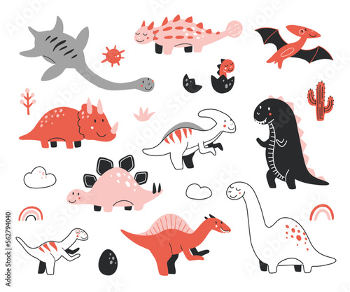 Collection of cute baby dinosaurs. Hand drawn brontosaurus, tyrannosaurus, pterodactyl, triceratops, stegosaurus, spinosaurus, plesiosaurus, ankylosaurus, velociraptor, parasaurolophus pastel colors