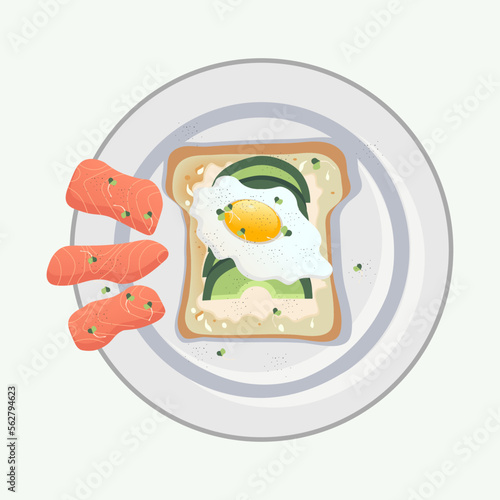 Avocado toast with egg and salmon. Healthy food 